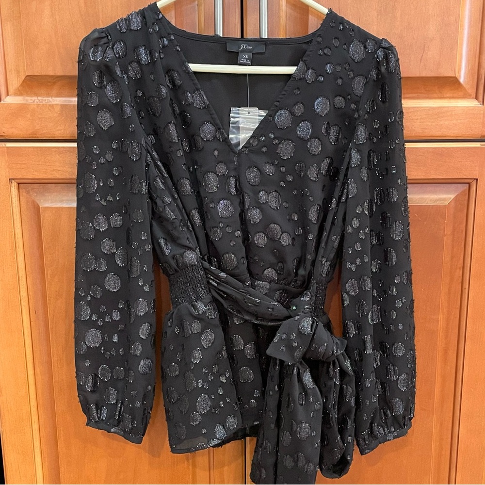 J.Crew Black Tie-Waist Metallic Dot Jacquard Long Sleeve Top NWT